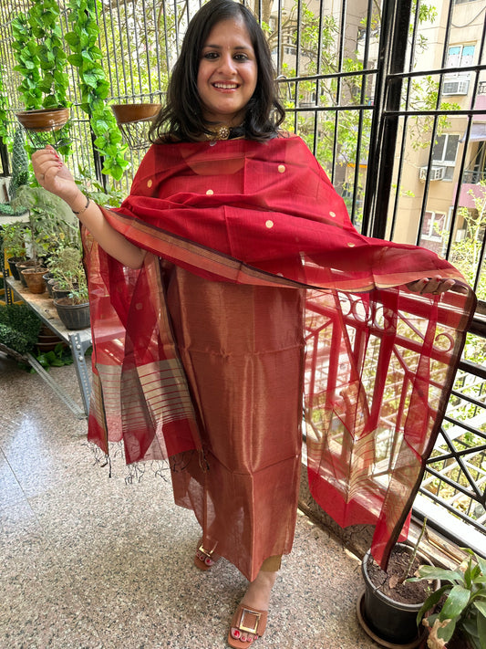 Golden red  tissue  maheshari silk handloom kurta set