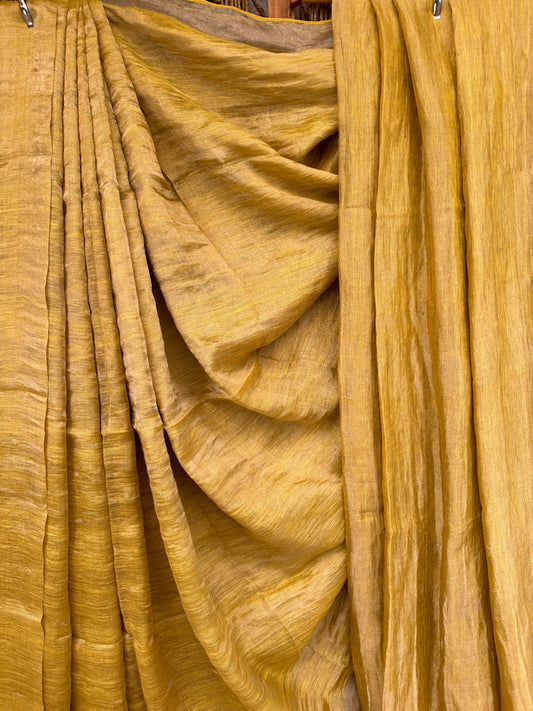 Yellow gold metallic linen sari with woven  border