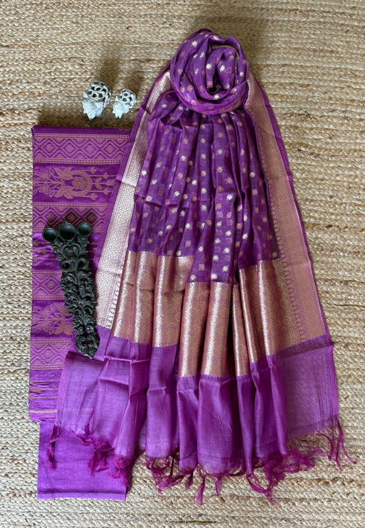 Orchid purple chinia silk certified handloom banarsi booti three piece suit
