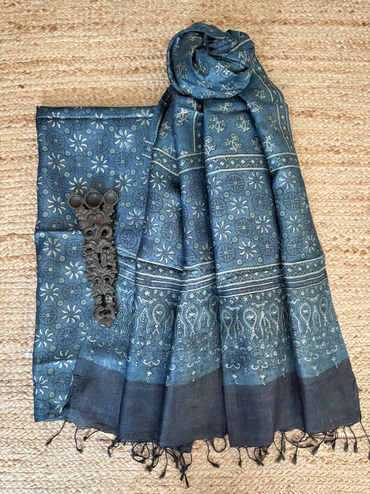 Indigo blue ajrakh tussar silk handblock suit set tss- 23