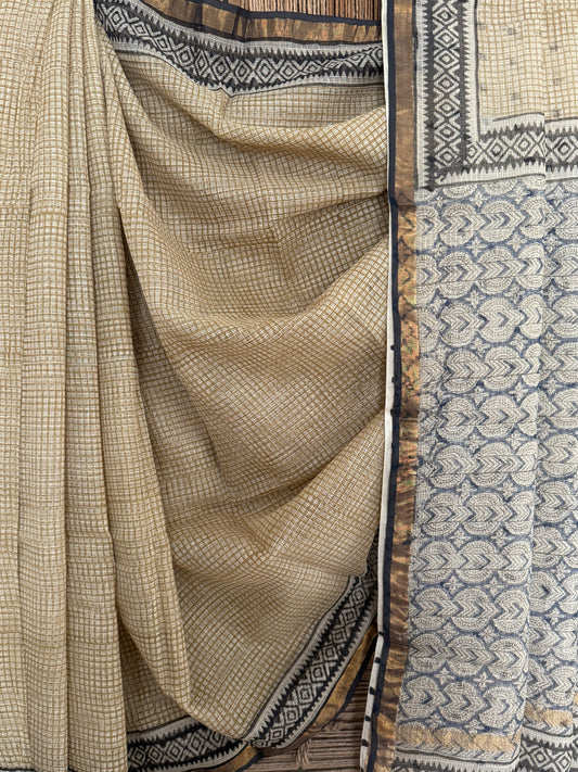 Beige kota doria handblock sari