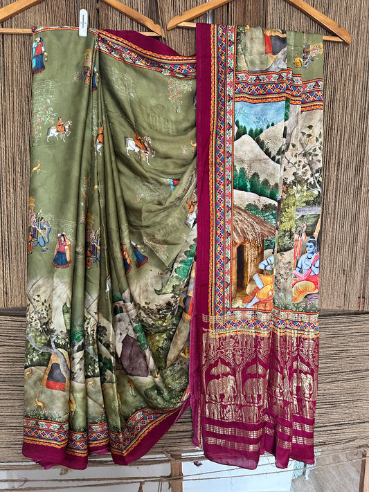 Olive green patola modal silk patola print sari with zari border pms-10149