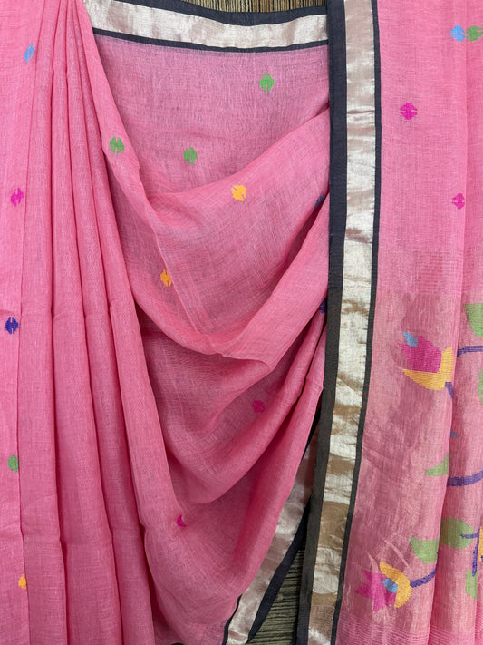 Light pink handwoven pure linen silk jamdani sari with zari pallu