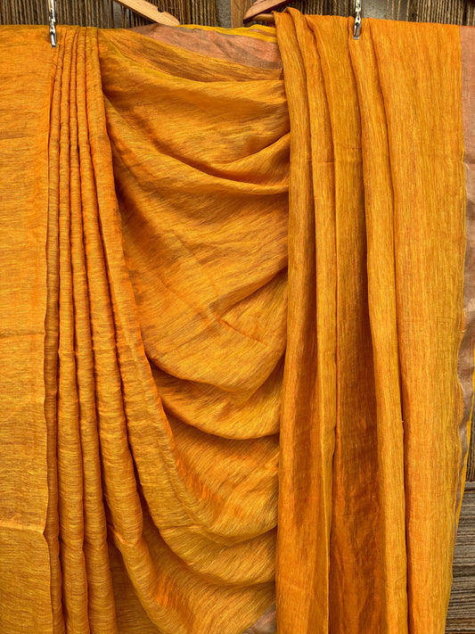 Orange yellow metallic linen sari with woven  border