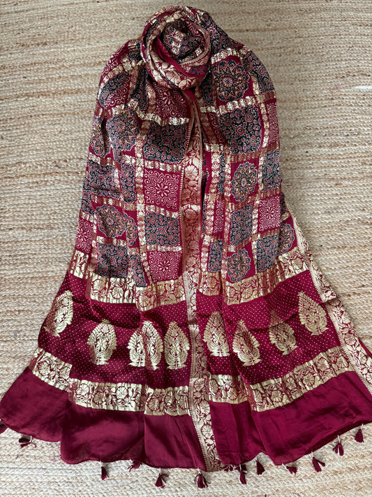 Maroon modal silk ajrakh handcrafted gharchola dupatta with ajrakh print in nakshi border