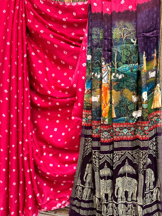 Magenta pink modal silk bandhani  sari with pichwai print sari bps 8