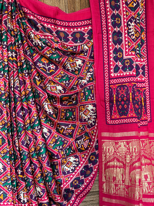 Purple pink modal silk patola print sari with zari border pms-