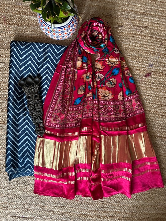Blue zigzag mashru silk kurta with patola handcrafted modal silk dupatta ps-53
