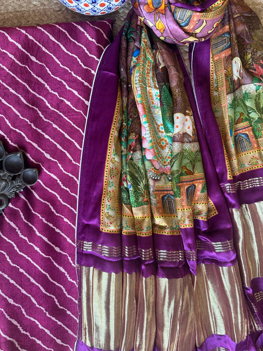 Purple mashru  silk kurta with patola handcrafted modal silk dupatta ps- 1051