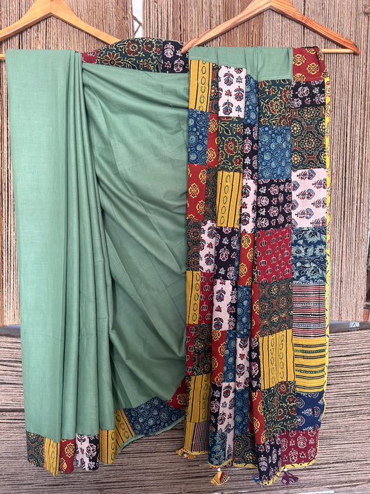 Medium sea green patch work  ajrakh hand crafted mull saree