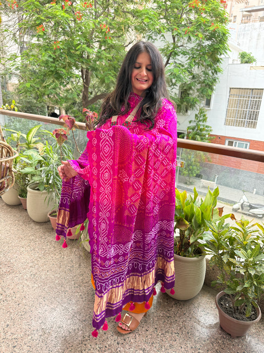 Mustard gajji and purple pink ombrã© shade handwoven bareek bandhani dupatta  in pure gajji  kurta set