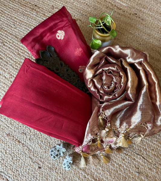 Glossy maroon kora silk certified handloom banarsi kadwa booti three piece suit