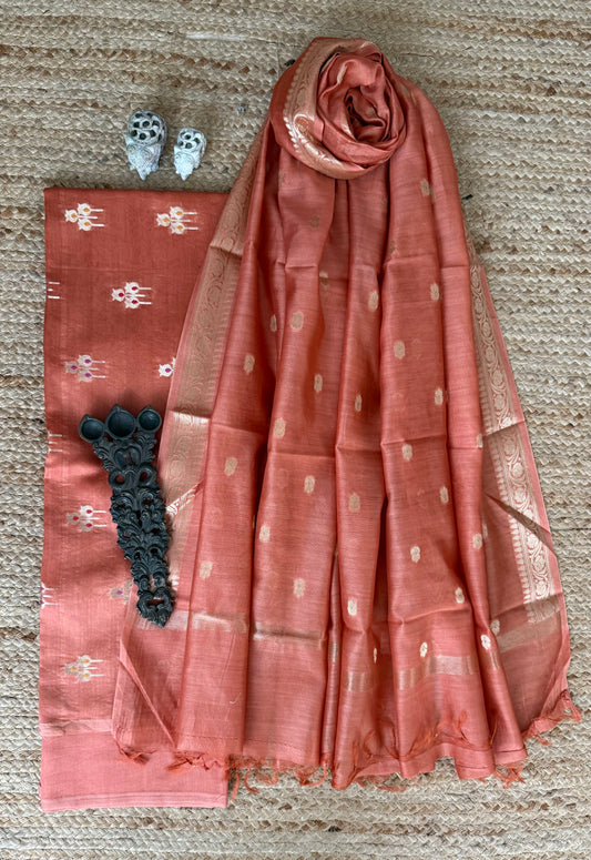 Salmon chanderi handloom banarsi booti three piece suit