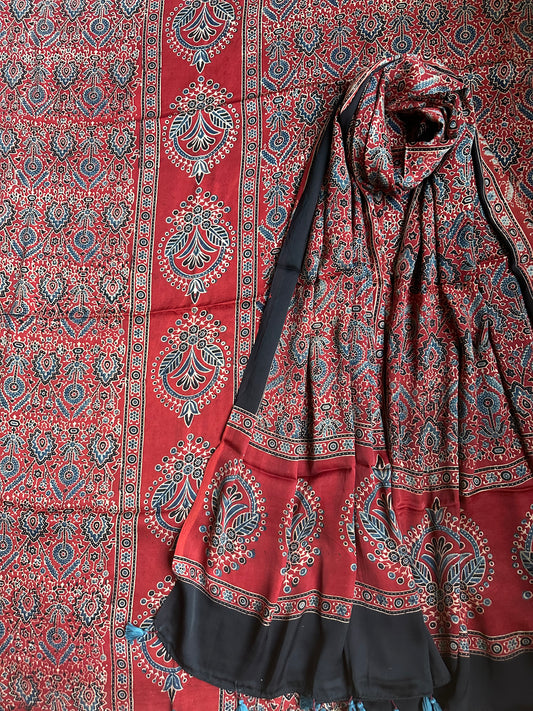 Maroon ajrakh modal contemporary silk handblock suit set