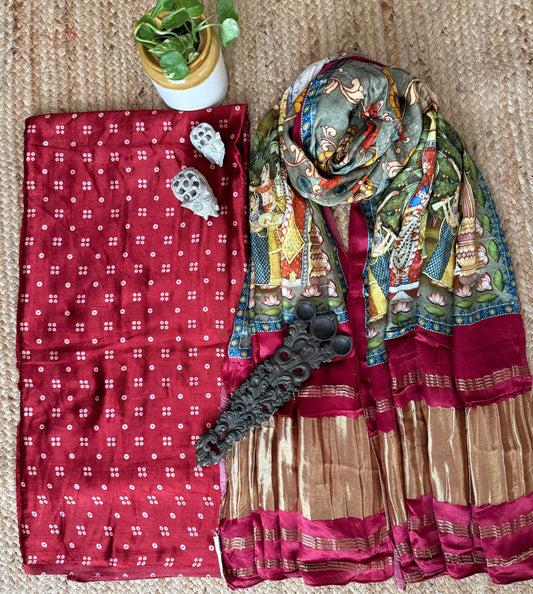 Maroon mashru silk kurta with  patola pichwai handcrafted modalsilk dupatta