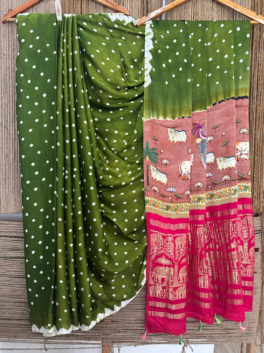 Mehendi green modal silk bandhani  sari with pichwai print