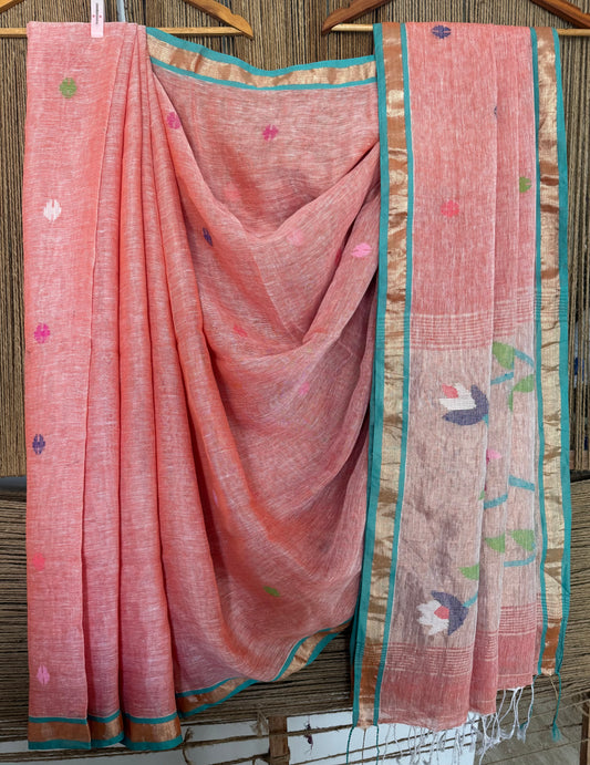 Light peach pink handwoven pure linen silk jamdani sari with zari pallu