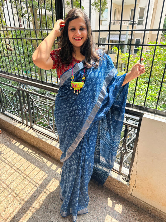 Indigo akola linen zari woven handblock sari