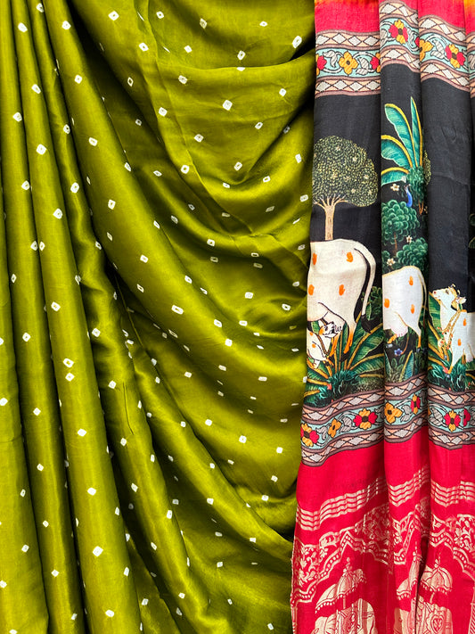 Mehendi green modal silk bandhani  sari with pichwai print