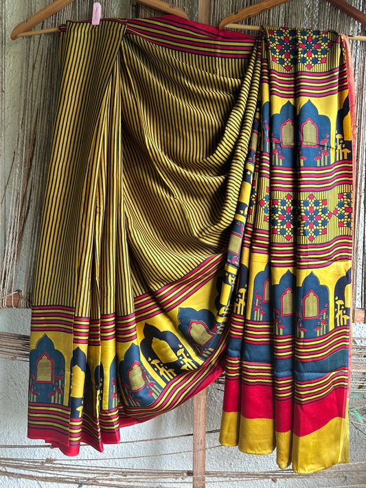 Mustard  multi  contemproray ajrakh modal silk sari