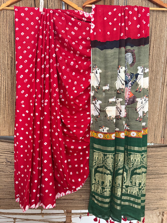 Red & green modal silk bandhani  sari with pichwai print bps 45