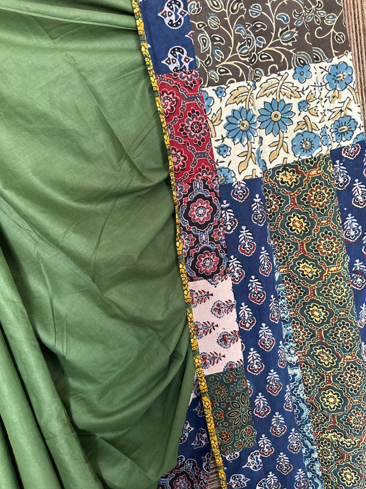 Olive green patch work  ajrakh hand crafted mull saree