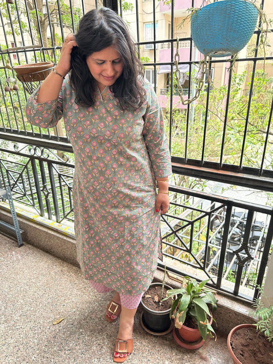 Green  cotton handblock handcrafted kurta with border