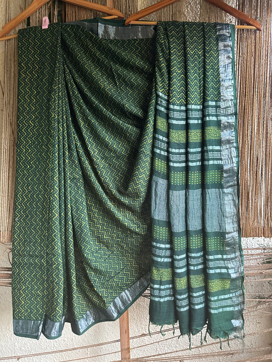 Green  akola linen zari woven handblock sari