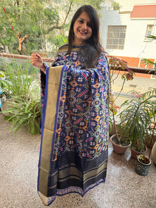 Blue - handspun handwoven pochampally ikat silk dupatta with zari border