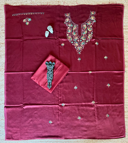 Maroon mashru silk hand embroidery kashmiri handembroidery sozni work cord set cs- 30