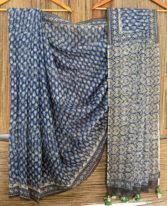 Blue kota doria handblock sari