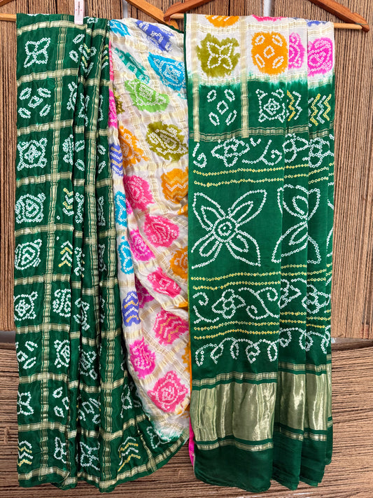 Green & multi colour gajji silk gharchola rai bandhani gajji sari