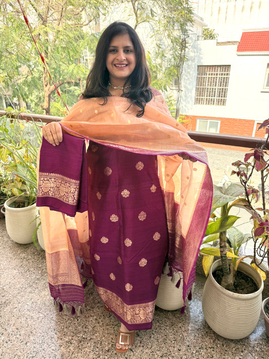 Purple raw silk certified handloom banarsi meenakari kadwa booti with woven zari three piece suit