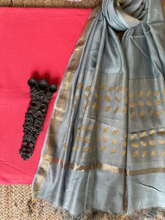 Peach pink cotton handblock kurta with applique dupatta set
