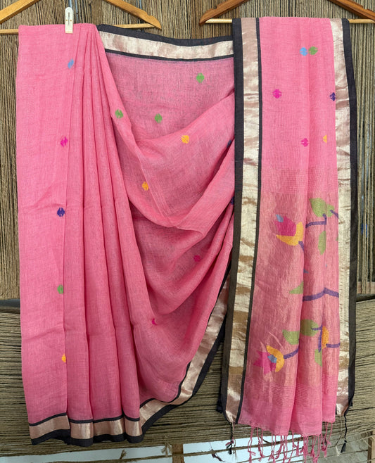 Light pink handwoven pure linen silk jamdani sari with zari pallu