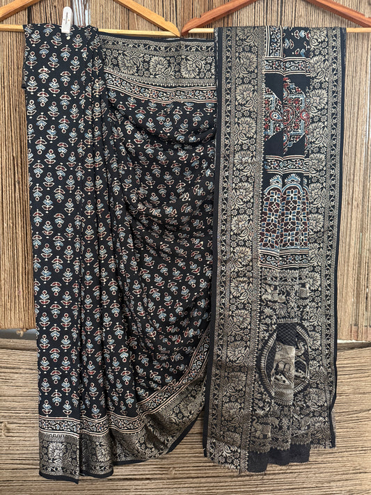 Black dola  silk ajrakh zari border sari