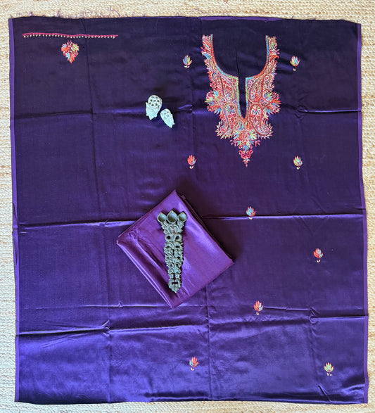 Plum purple mashru silk hand embroidery kashmiri handembroidery sozni work cord set cs-4
