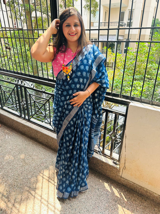 Indigo akola linen zari woven handblock sari