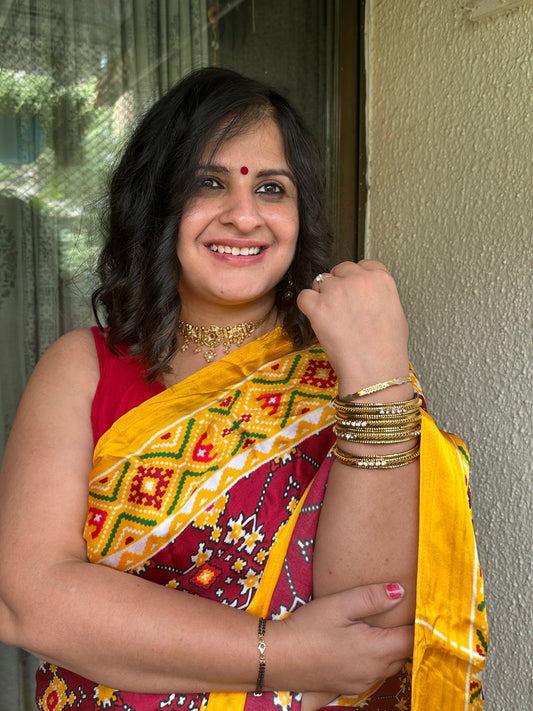 Maroon mustard modal silk patola sari with zari border pms-10120
