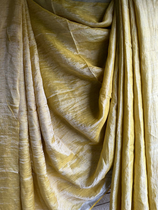 Sunshine yellow golden metallic linen  sari with woven border &  tassels