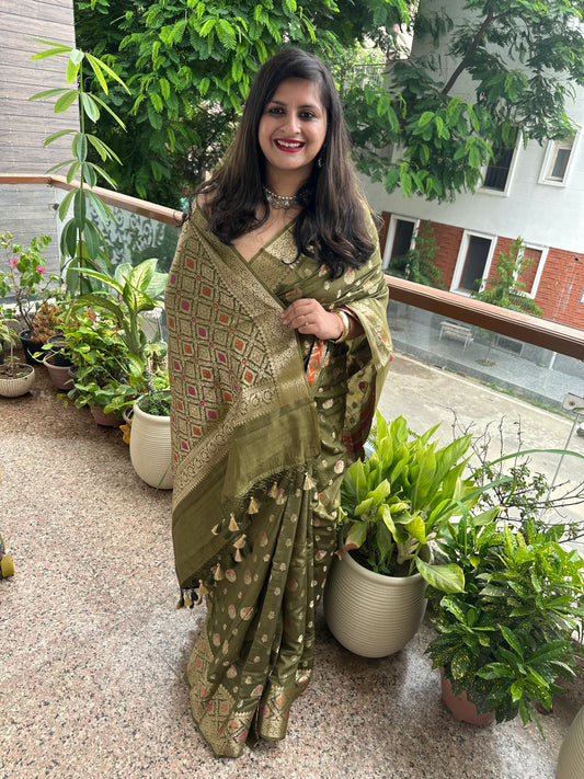 Olive green banarasi muga  silk certified zari woven  sari