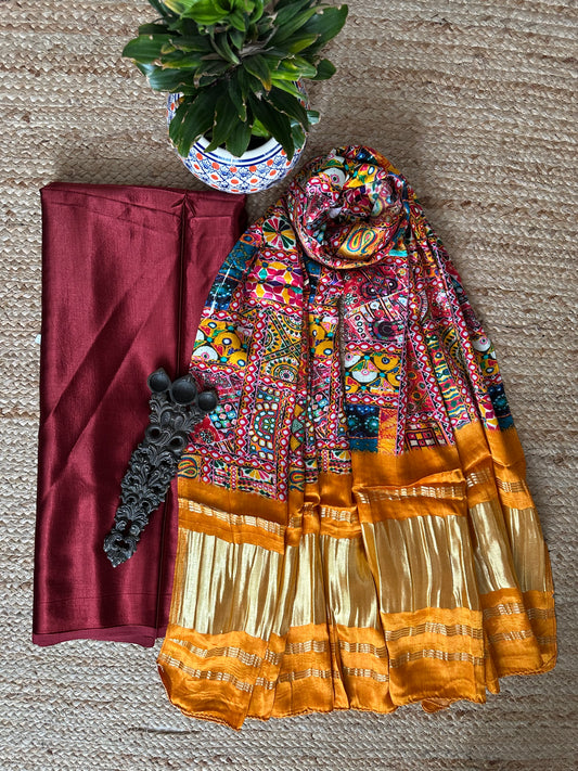 Maroon solid mashru silk kurta with patola handcrafted modal silk dupatta ps-9