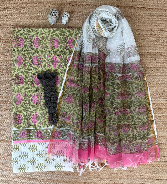 Moss green cotton handblock suit set
