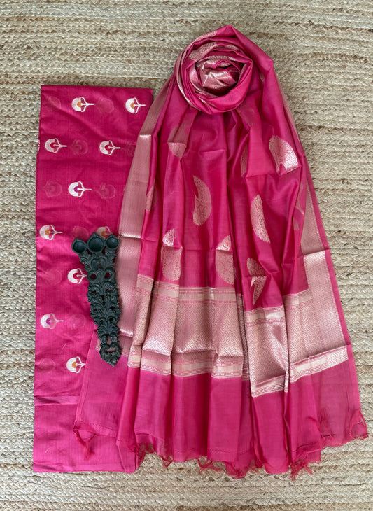 Pink chanderi handloom  banarsi booti three piece suit