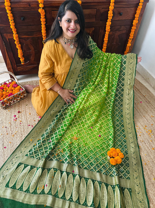 Shamrock and leaf green handwoven neemzari bareek bandhani in khaddi georgette dupatta   bd-1010