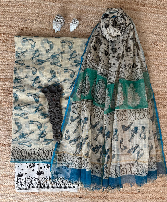 Beige turquoise kota handblock suit set