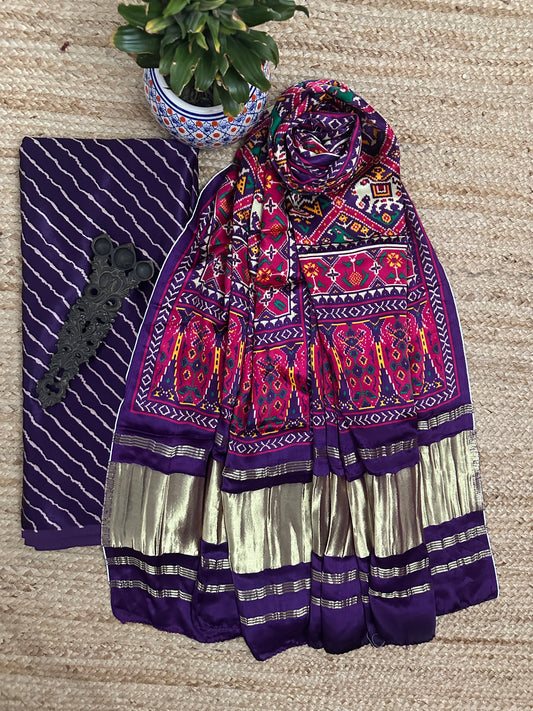 Purple leheriya mashru  silk kurta with patola handcrafted modal silk dupatta ps-10158