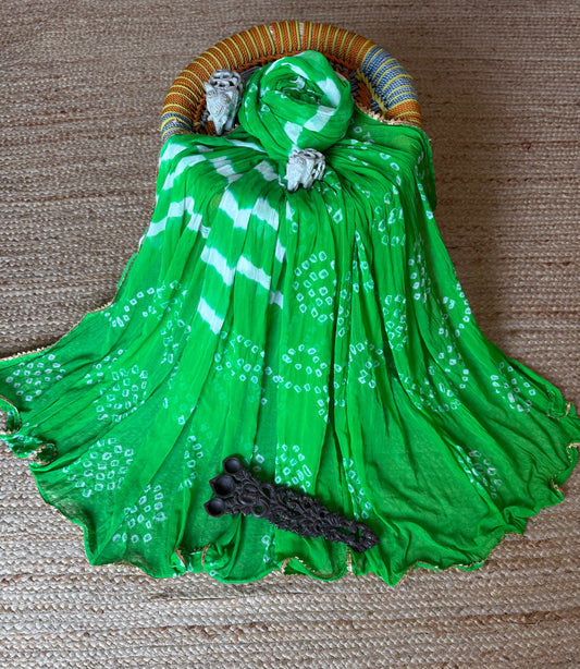 Lime white chiffon leheriya dupatta
