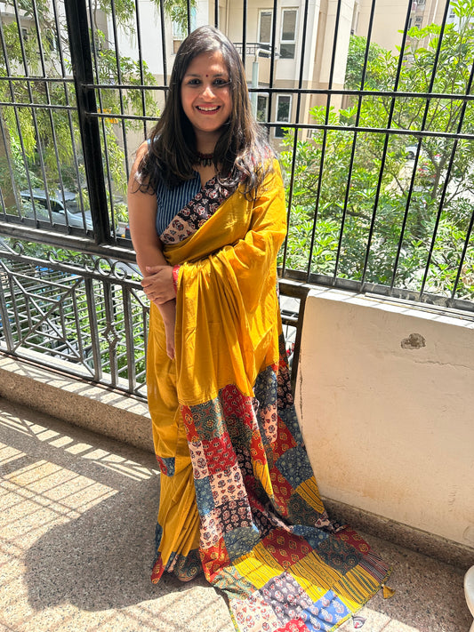 Marigold mustard patch work  ajrakh hand crafted mull saree