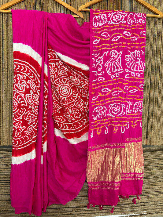 Pink & red gajji silk rai bandhani chakra theme gajji sari  bs- 202